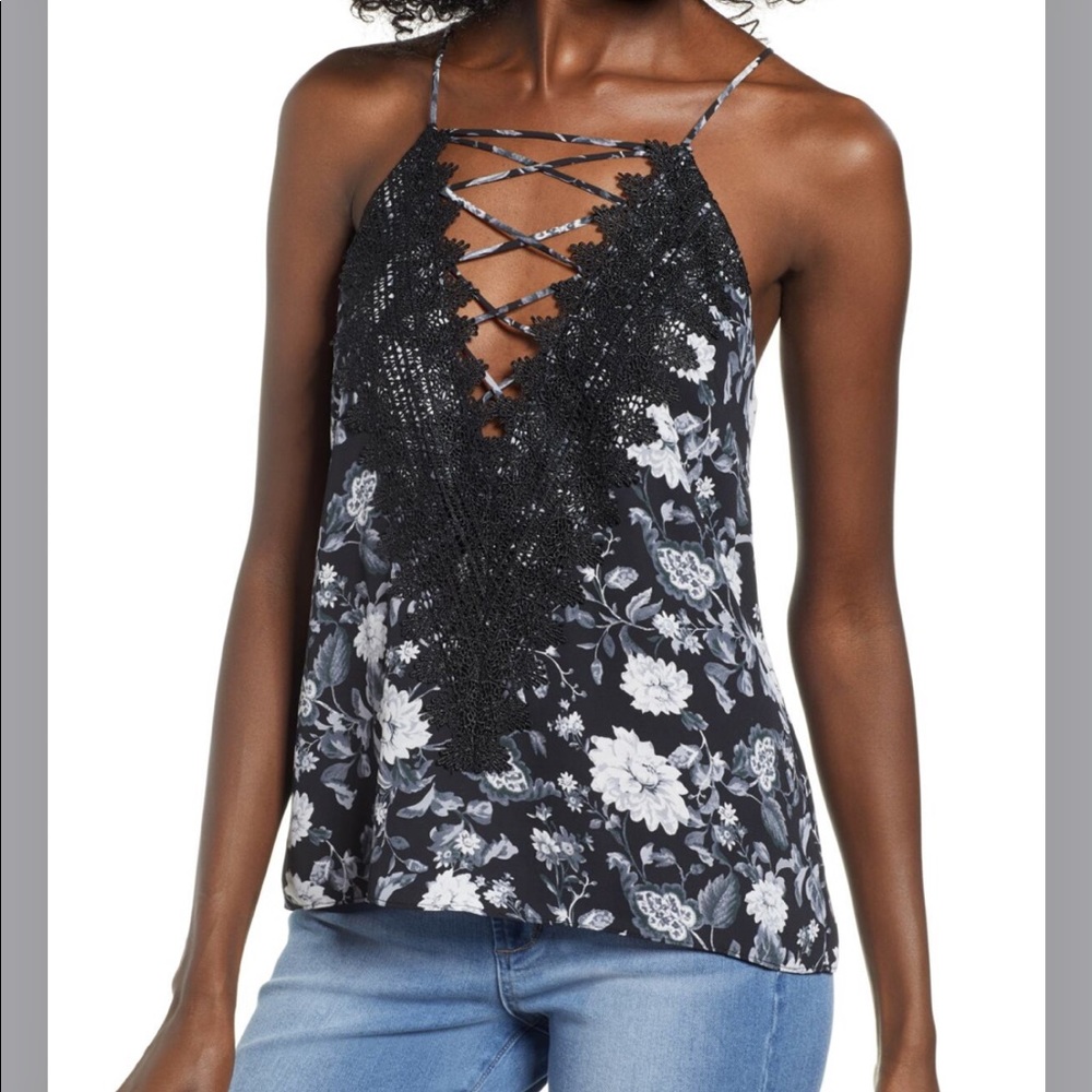 Black Floral Lace-Up Cami Tank Top